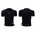 Men's black slim fit short sleeve t-shirt with a stand-up collar and metal belt design detail.