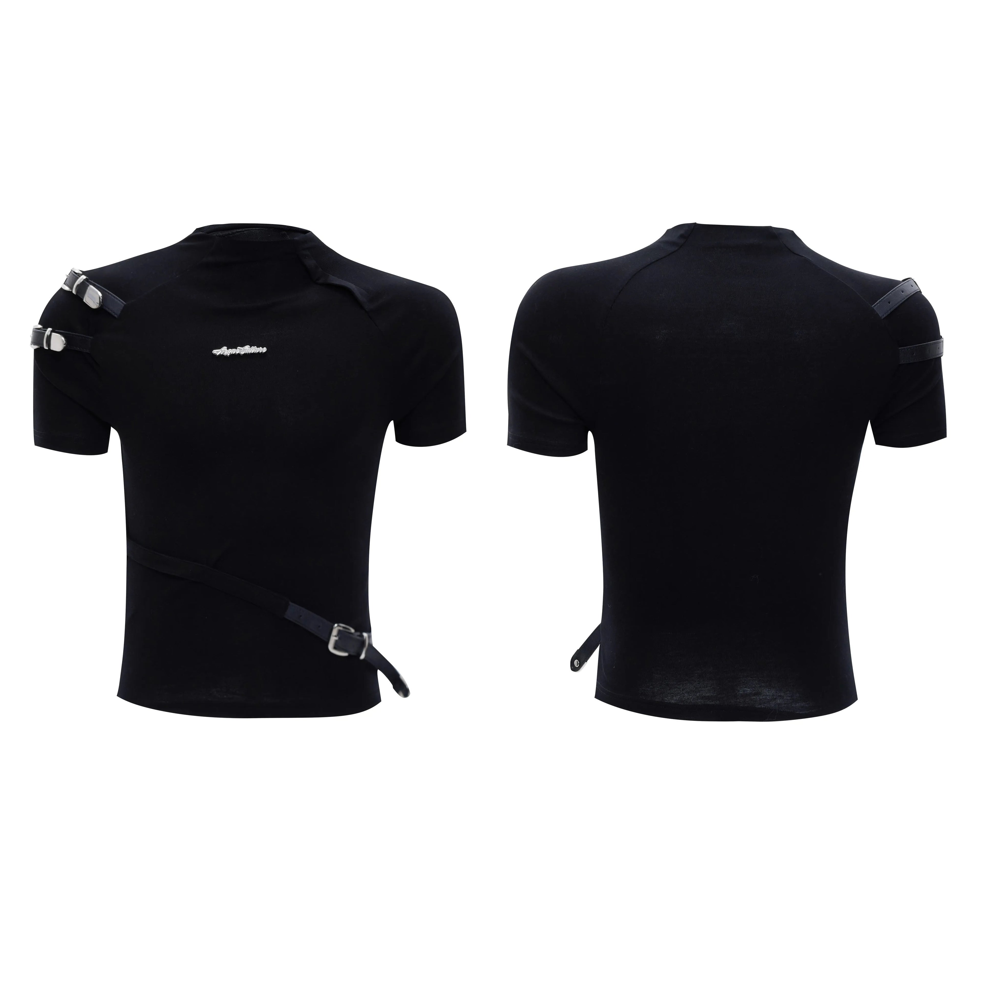 Men's black slim fit short sleeve t-shirt with a stand-up collar and metal belt design detail.