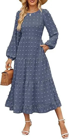Women's beige long sleeve casual dress with ruffled sleeves and a high waist, shown on a hanger.