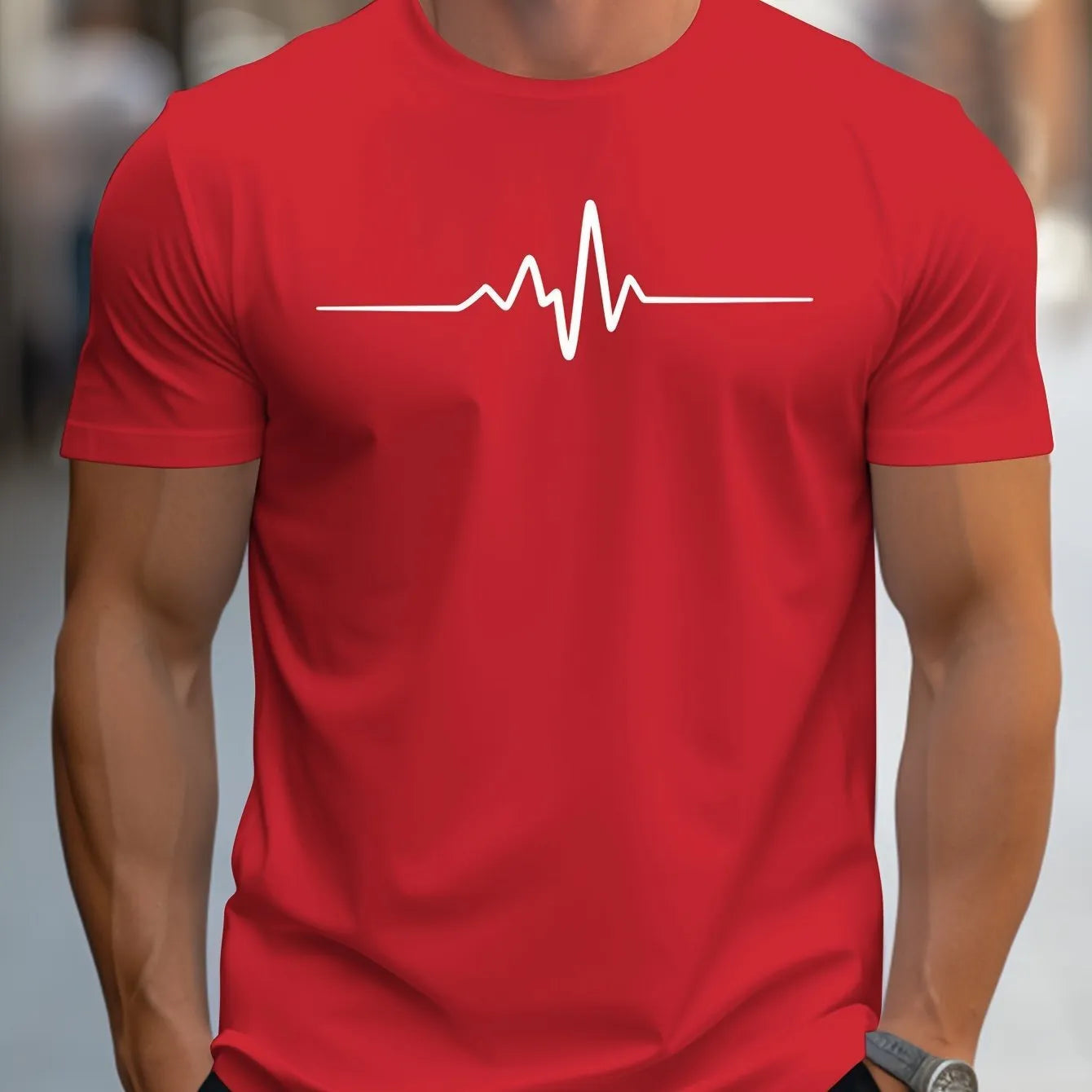 Men's loose fit short sleeve sports T-shirt on a hanger, showing thin polyester fabric.