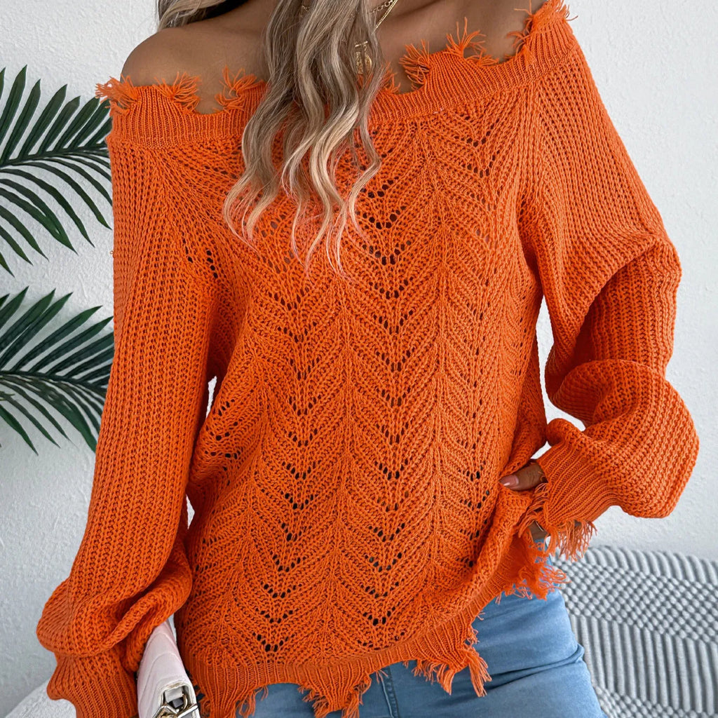 Hollow-out cut-off-the-shoulder pullover sweater in artificial wool acrylic fibre, available in white, orange, and black colours