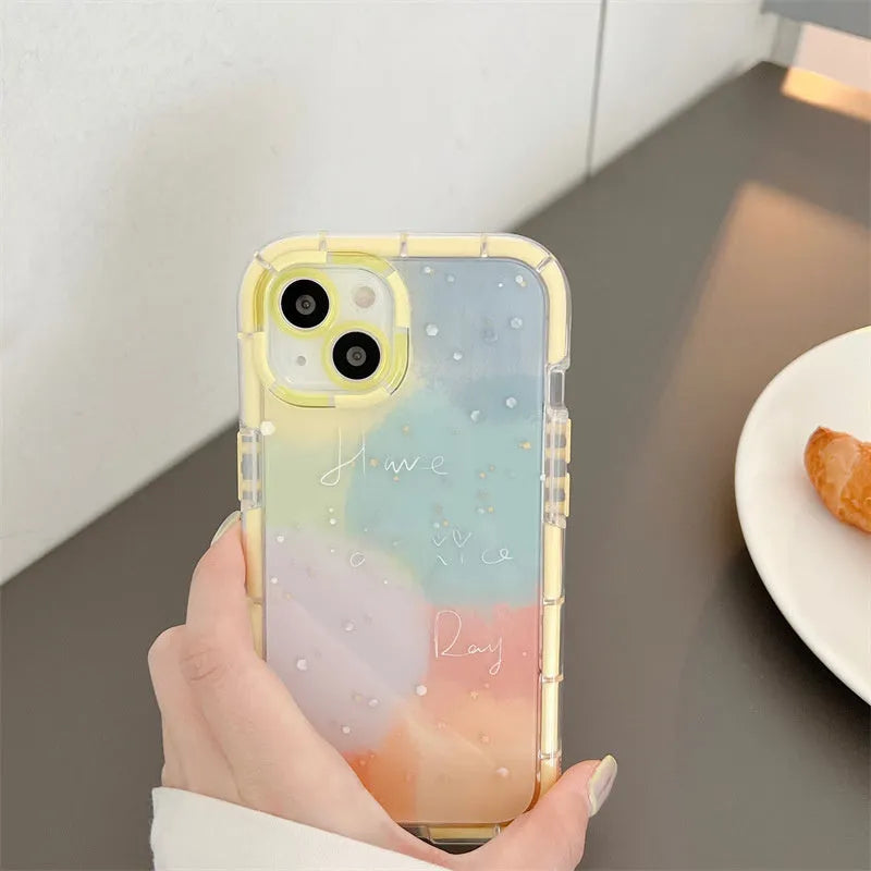 Slim minimalist silicone phone case for iPhone 14 with a yellow edge on a contrasting background.