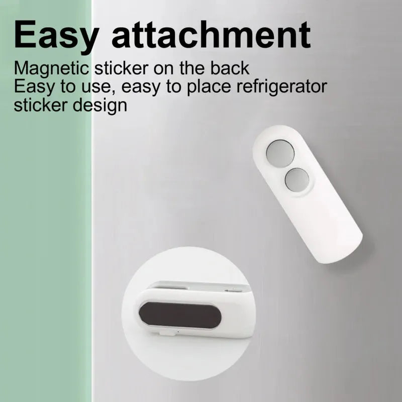Blue and white handheld USB rechargeable food sealer with magnetic back and cutter blade.