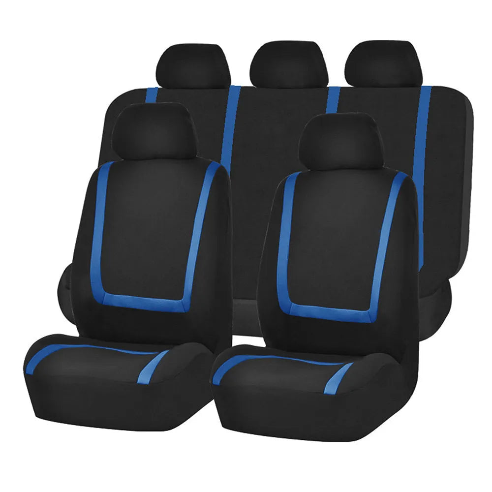 Fully enclosed universal car seat cover set in fabric material, showing headrest and seat panels.