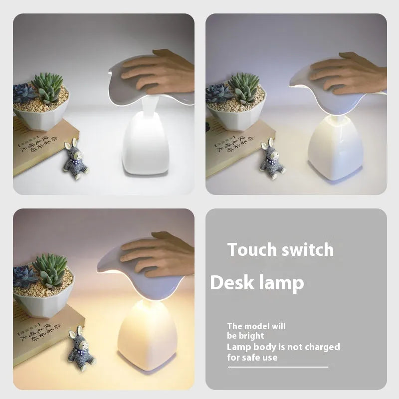White modern LED bedside desk lamp with touch control on plastic base