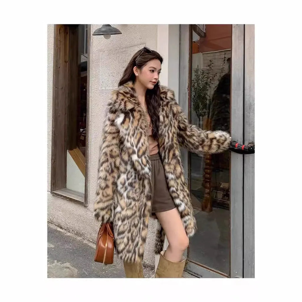 Women's faux fur street fashion coat with fur collar in 80cm length