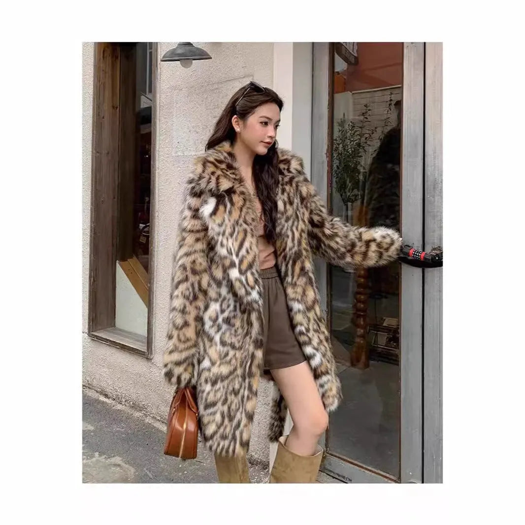 Women's faux fur street fashion coat with fur collar in 80cm length
