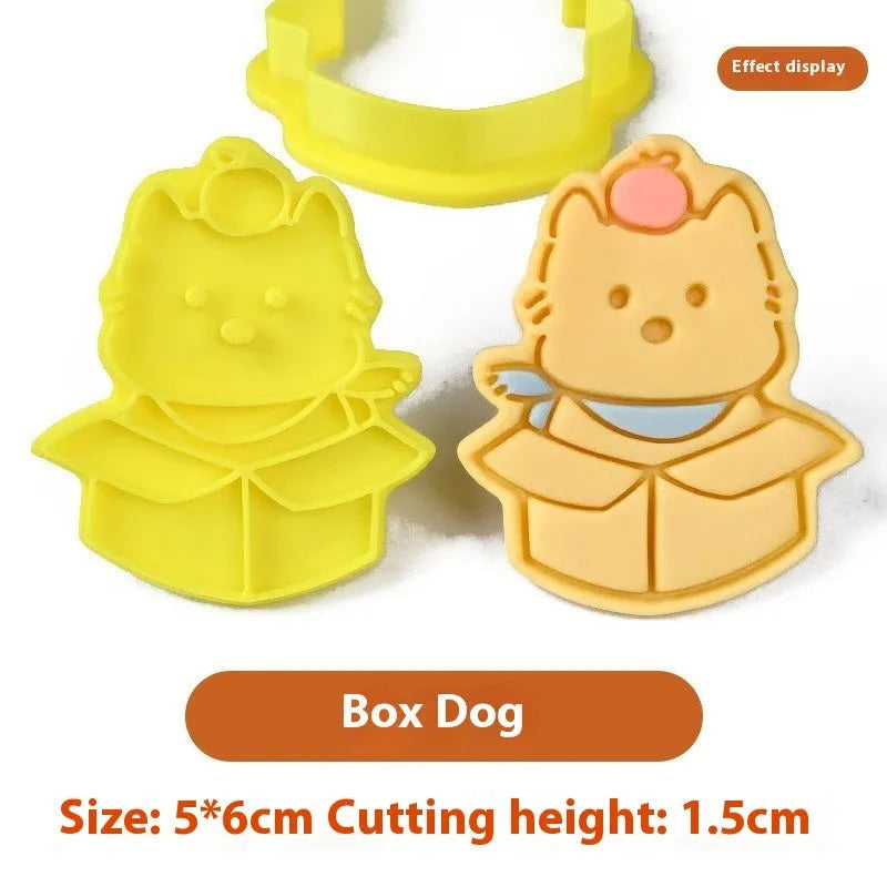 3D plastic biscuit mould with cartoon dog shapes including puppy head and birthday hat