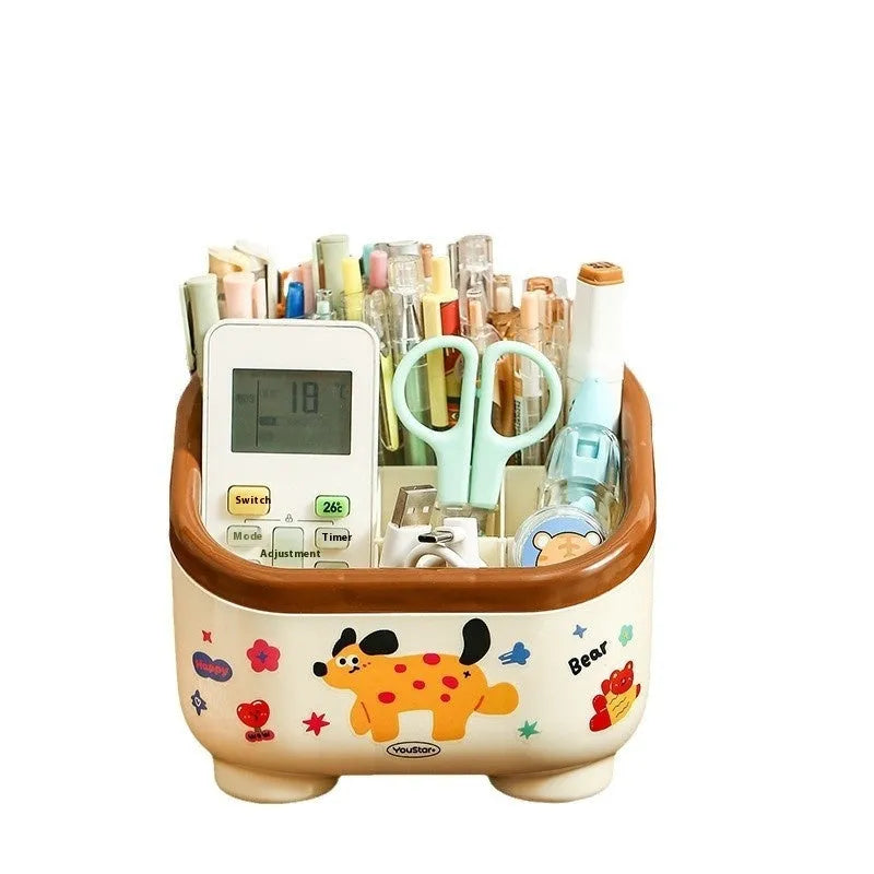 Cartoon style desktop storage set with plastic boxes, pen holder, and trash can in red or brown colours