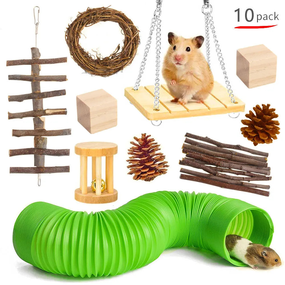 Assortment of wooden and natural fibre chewing toys for pet rabbits, guinea pigs, and parrots on a straw mat