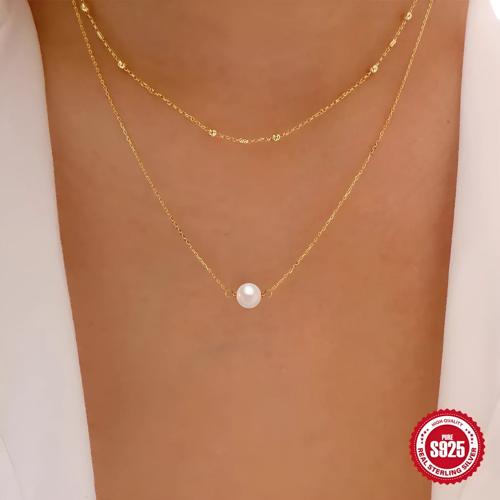 S925 sterling silver double layer pearl necklace with ball bead chain in gold finish