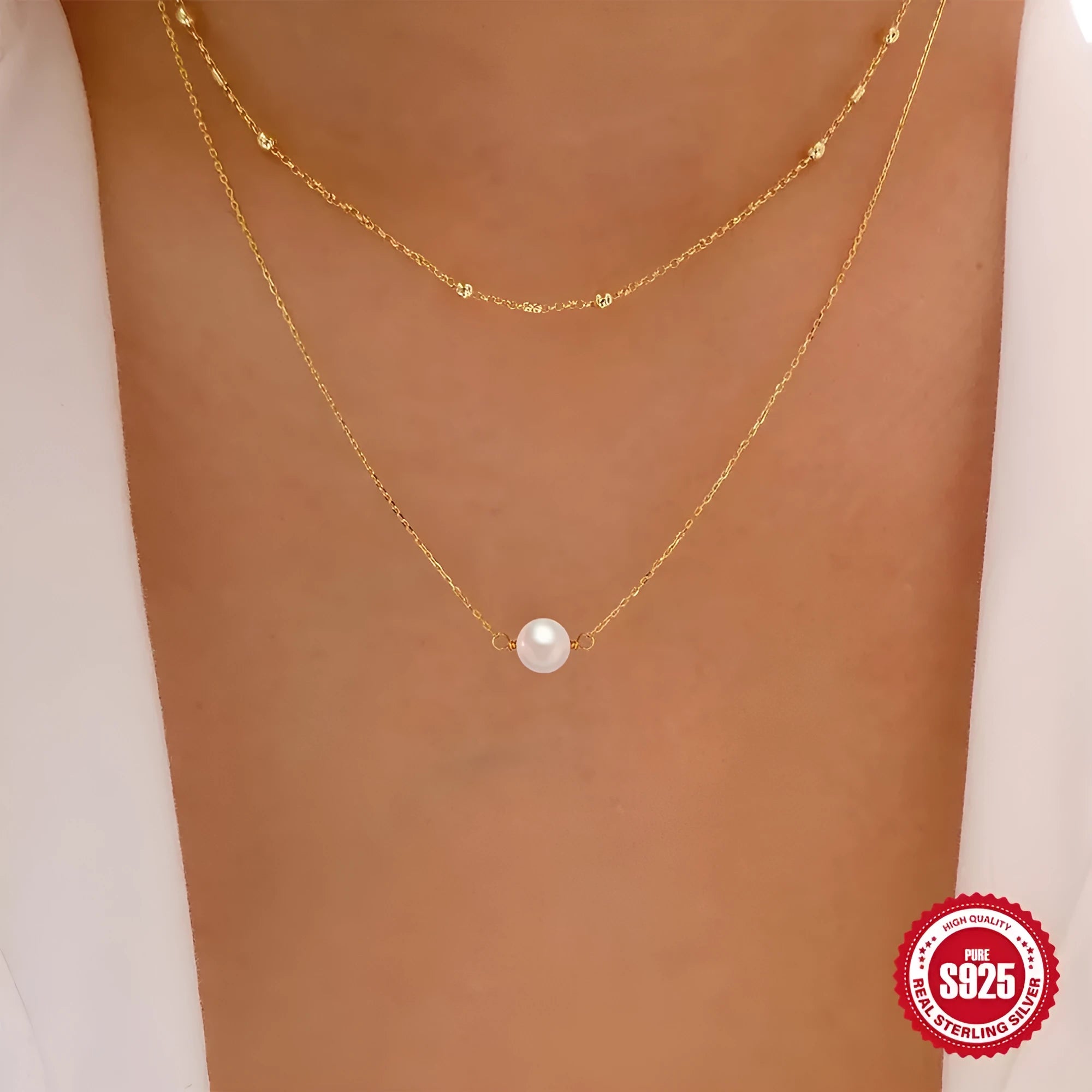 S925 sterling silver double layer pearl necklace with ball bead chain in gold finish