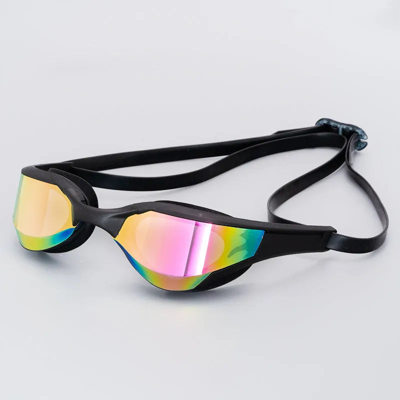 Anti-fog swimming goggles with polycarbonate lenses shown with large and small nose bridges in a plastic mirror box.