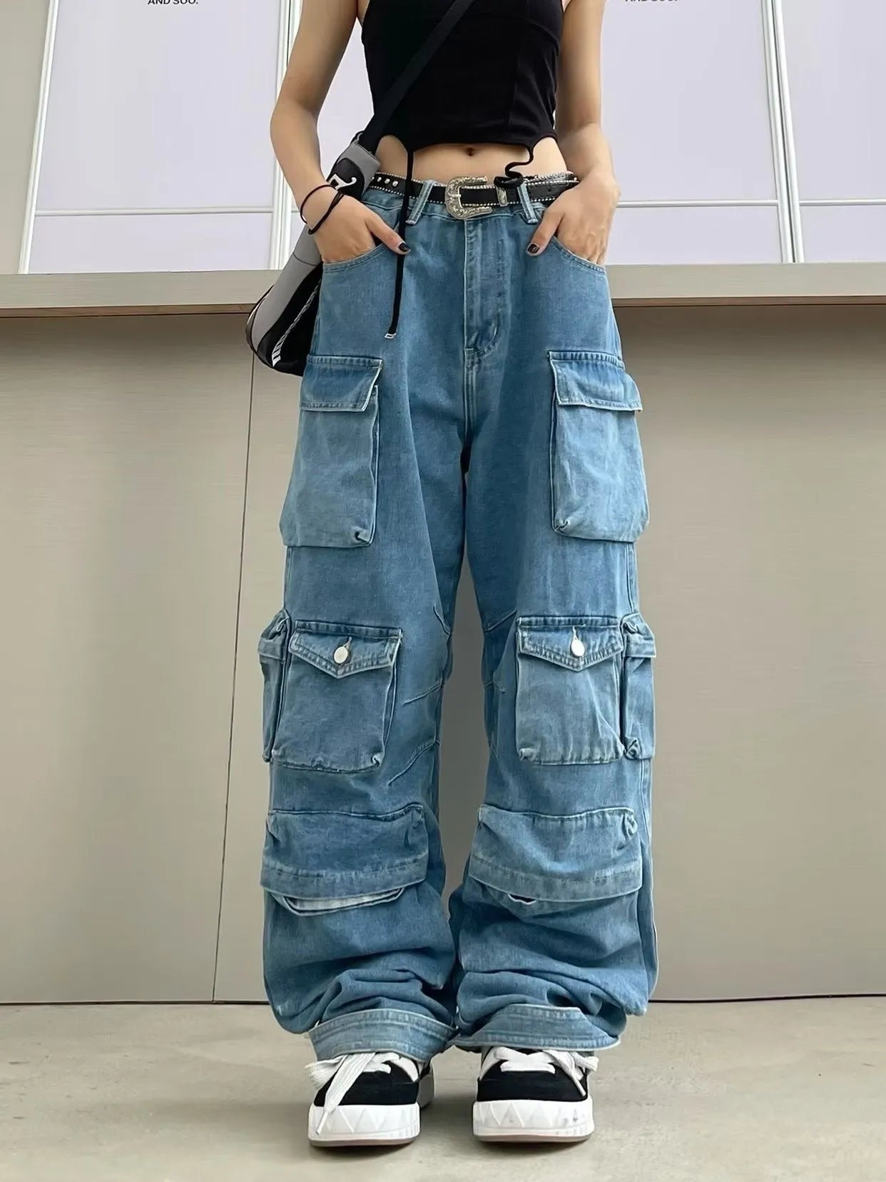 Women's tie-dyed high waist wide leg jeans with multiple pockets in street hipster style