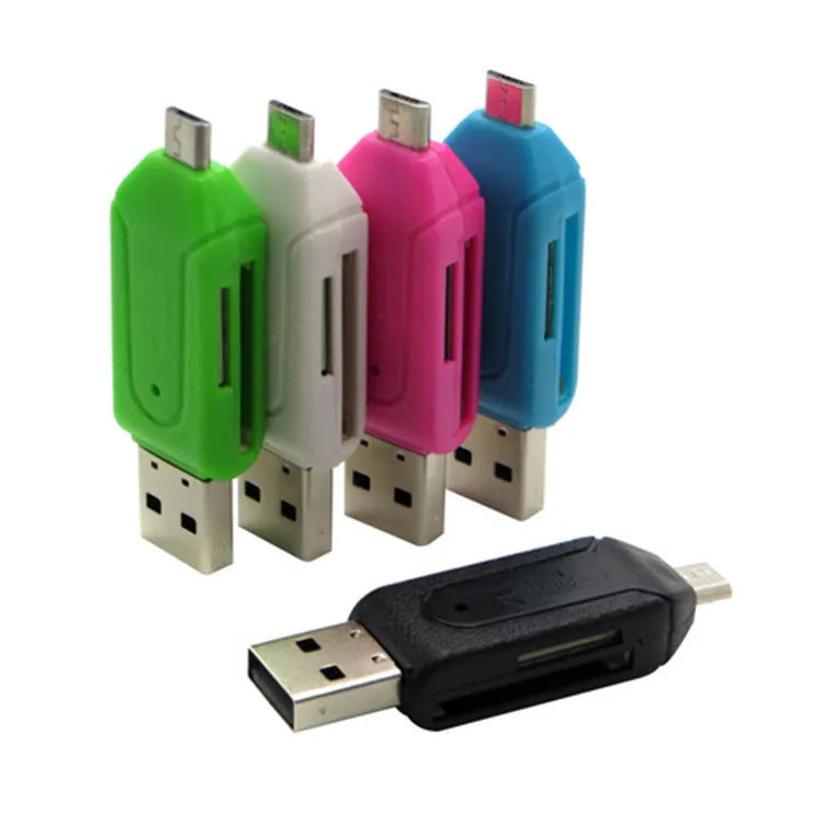 White OTG card reader with micro USB connector for SD and TF memory cards on Windows 7 and Android devices