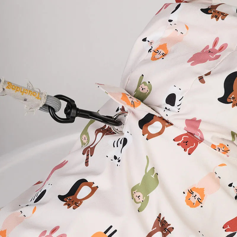 Beige cartoon dog raincoat with animal design and waterproof coating