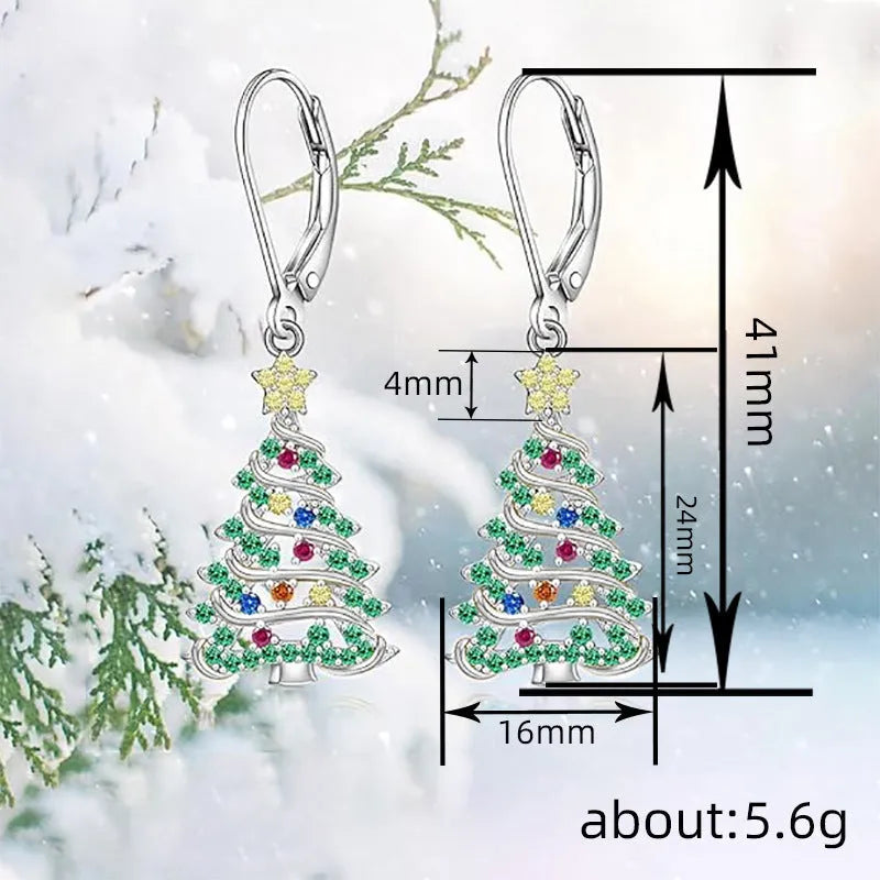Women's Christmas tree earrings with star pendant in white gold colour finish
