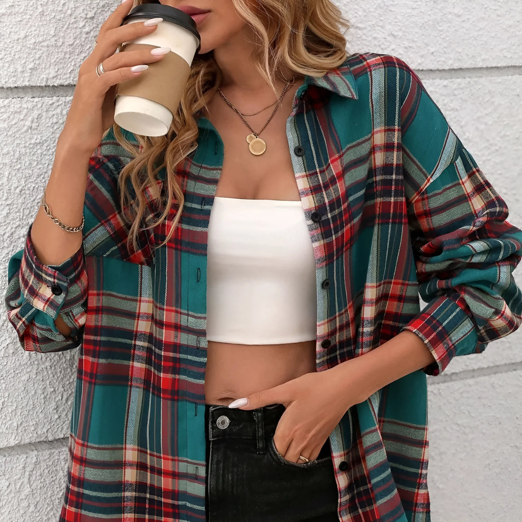 Women's loose casual plaid shirt in cotton available in black, green and purple colours