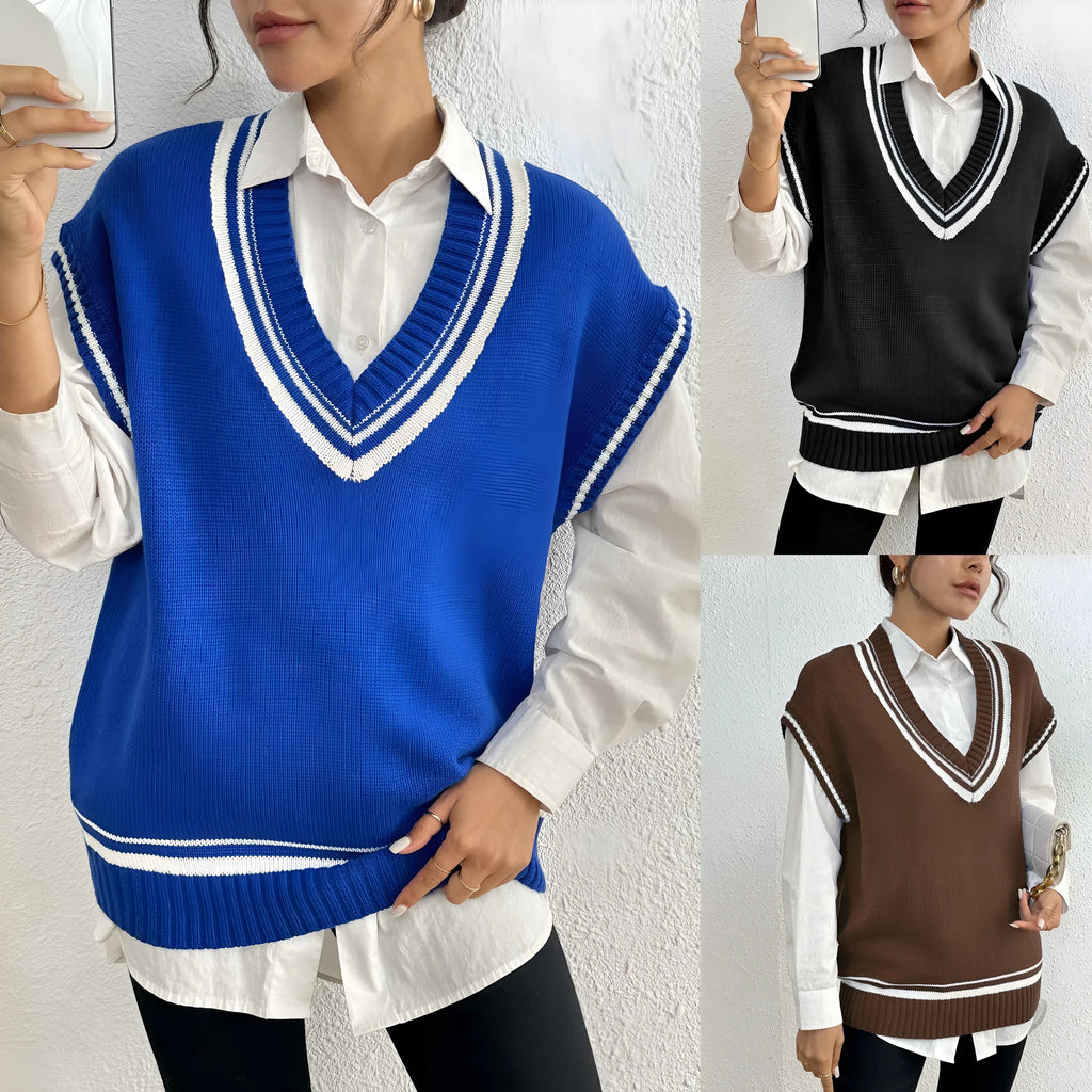 Women's loose fit college style vest sweater in acrylic polyester blend, black blue coffee colour options
