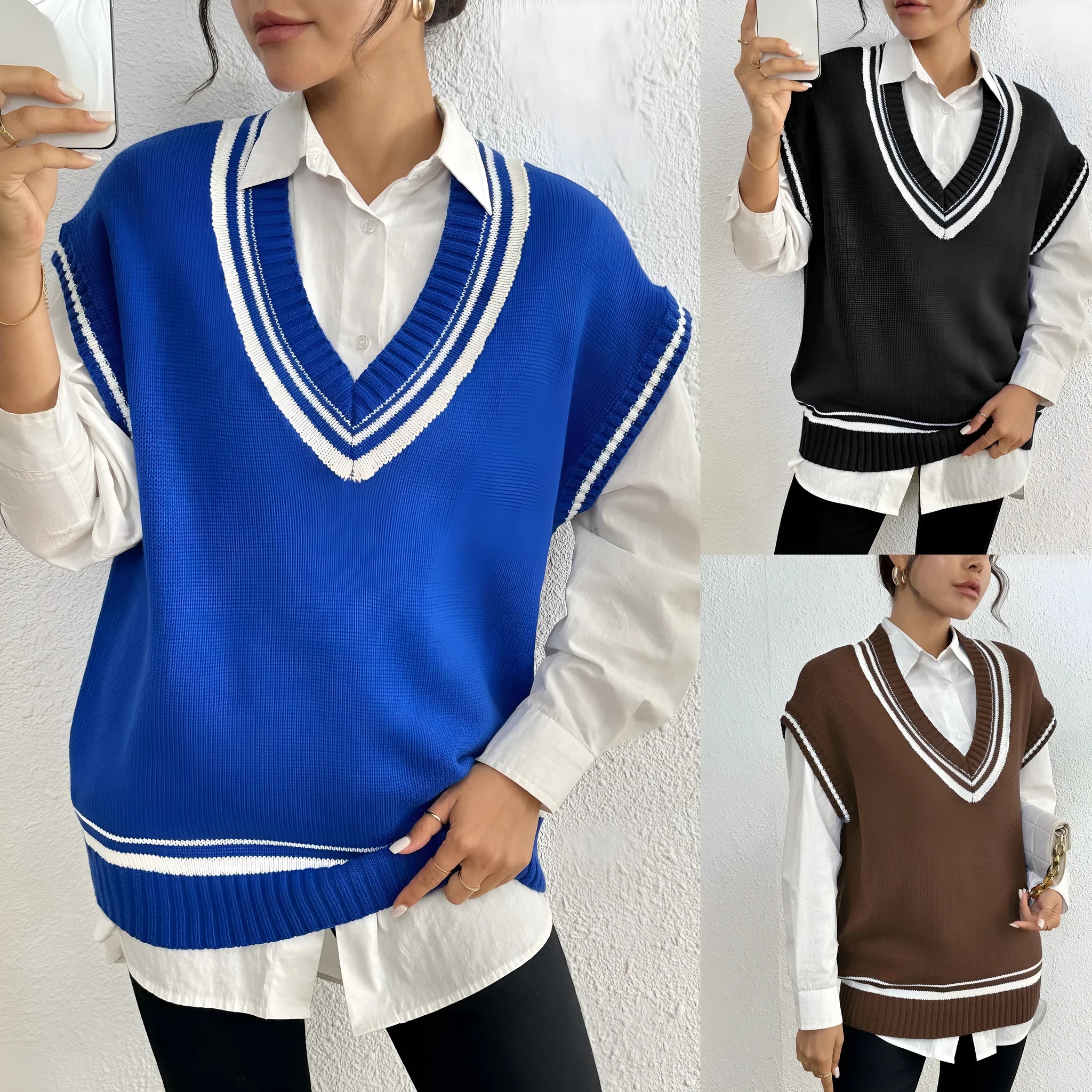 Women's loose fit college style vest sweater in acrylic polyester blend, black blue coffee colour options