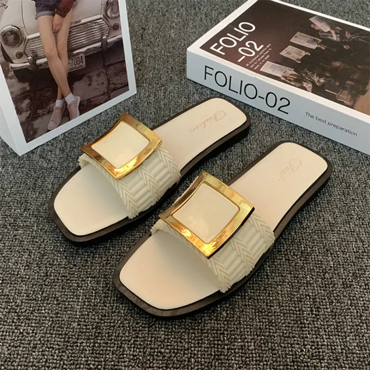 Women's casual flat slippers in apricot colour with a lightweight PVC sole.