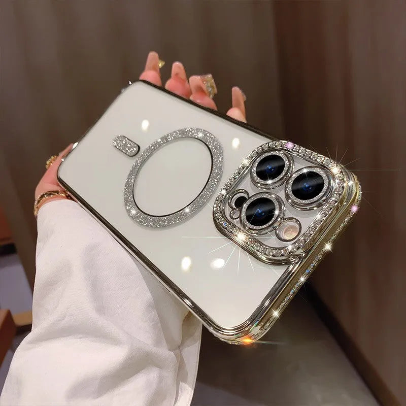 Magnetic iPhone case with electroplated back plate and soft silicone edges in colour options