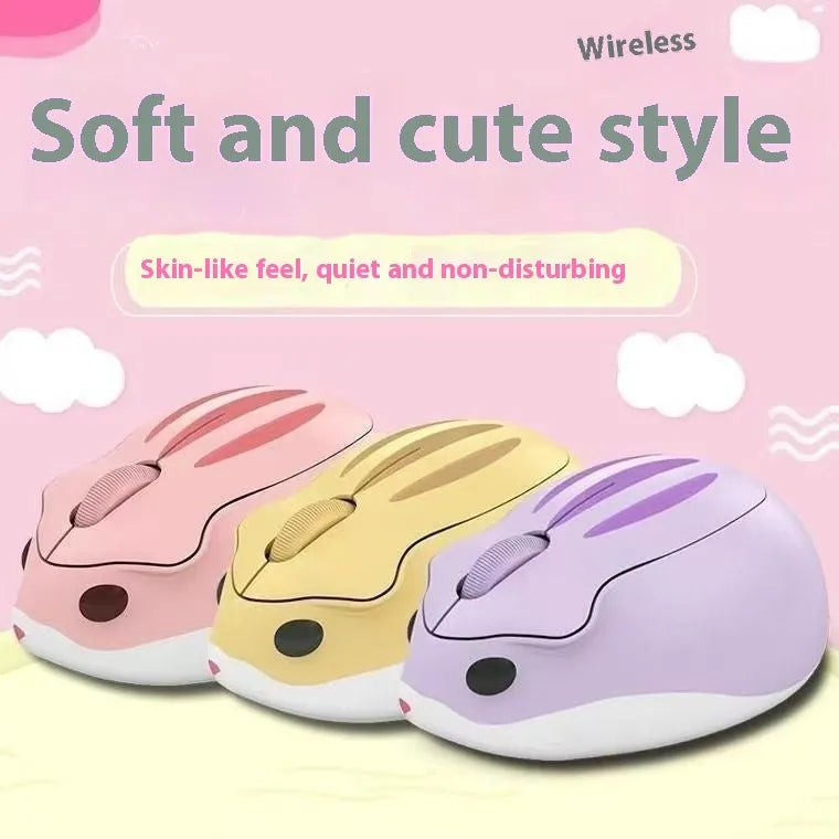 Hamster wireless Bluetooth mute mouse in yellow, pink, or grey colour, showing compact 105mm design