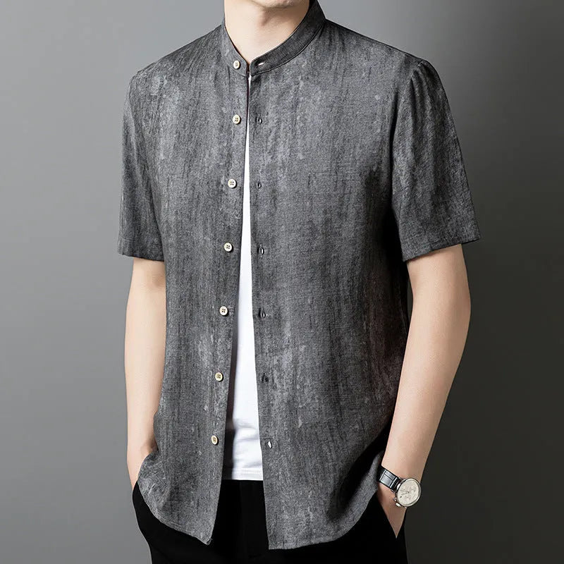 Men's loose fit short sleeve linen cardigan shirt with stand collar in black grey colour