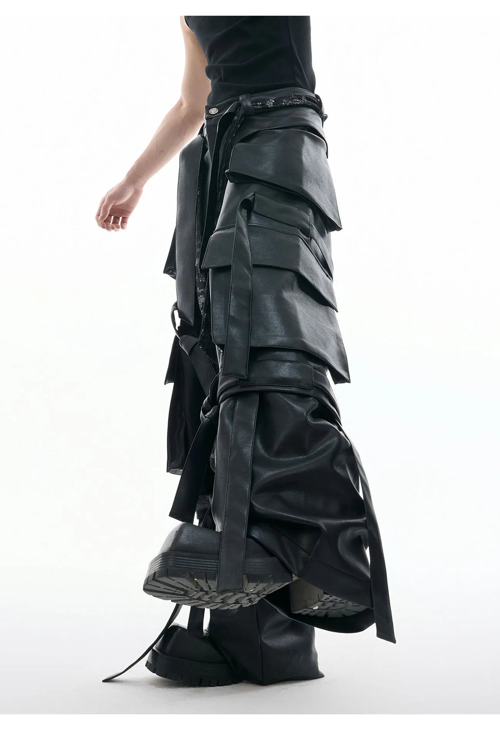 Black loose fit leather-look pants with quilted multi-pocket design showing front and back views