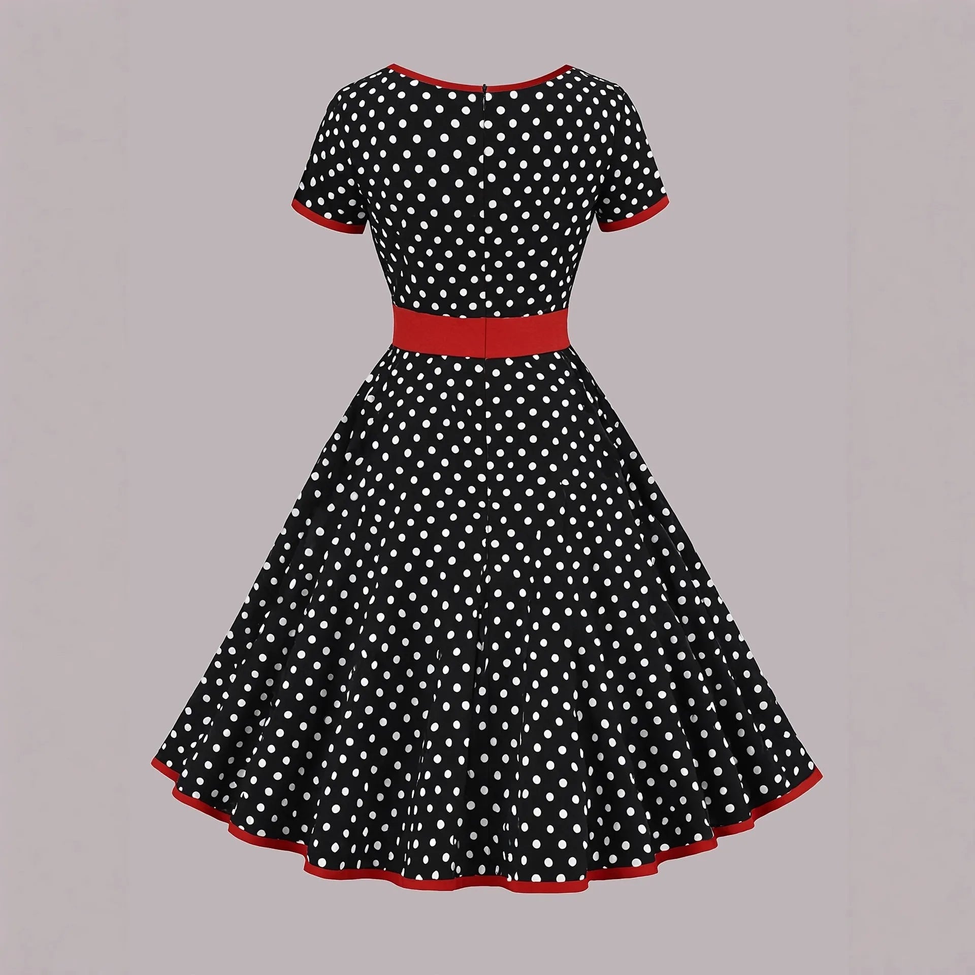 Multicolor polka dot dress with square collar and pleated midi skirt