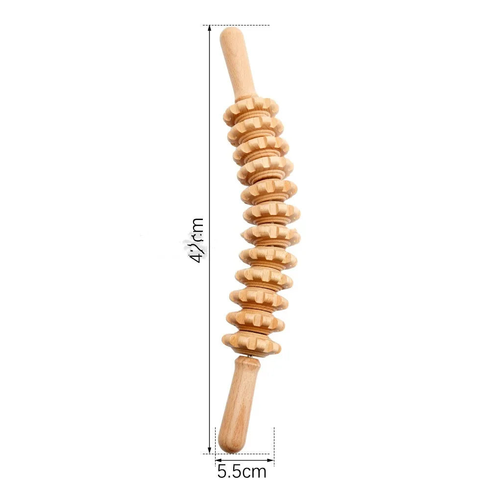 Beech wood massage roller set with T-shaped, straight, curved, and multi-wheel tools for lymphatic drainage