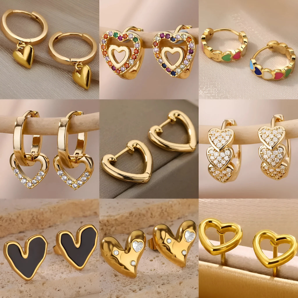 Stainless steel heart shape stud earrings with zircon detail and ear clip fitting