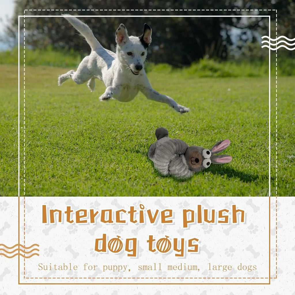 Plush stuffed dog toy with brown, gray or yellow colour options featuring crinkle and squeaker elements
