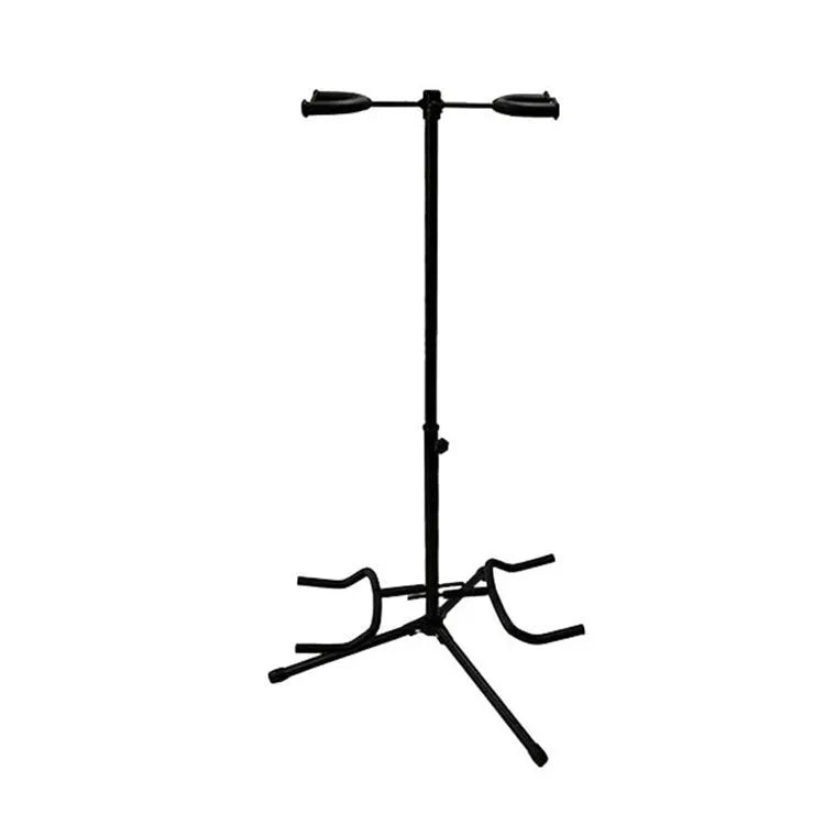 Black vertical double-headed adjustable guitar stand holding two guitars