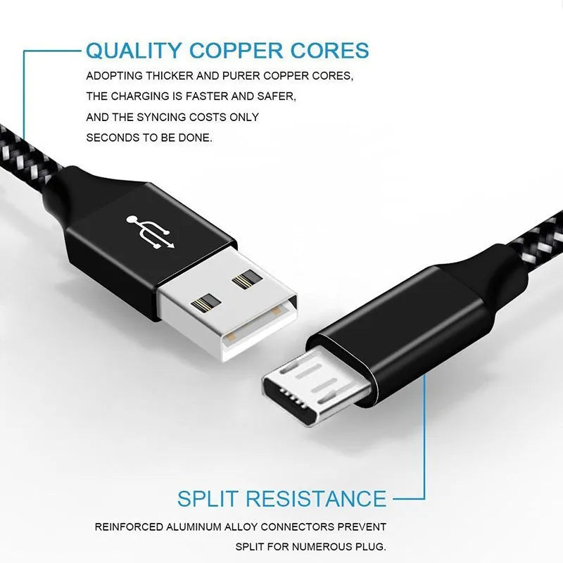 Black and white nylon-braided Micro USB fast charging cable for Android phones.