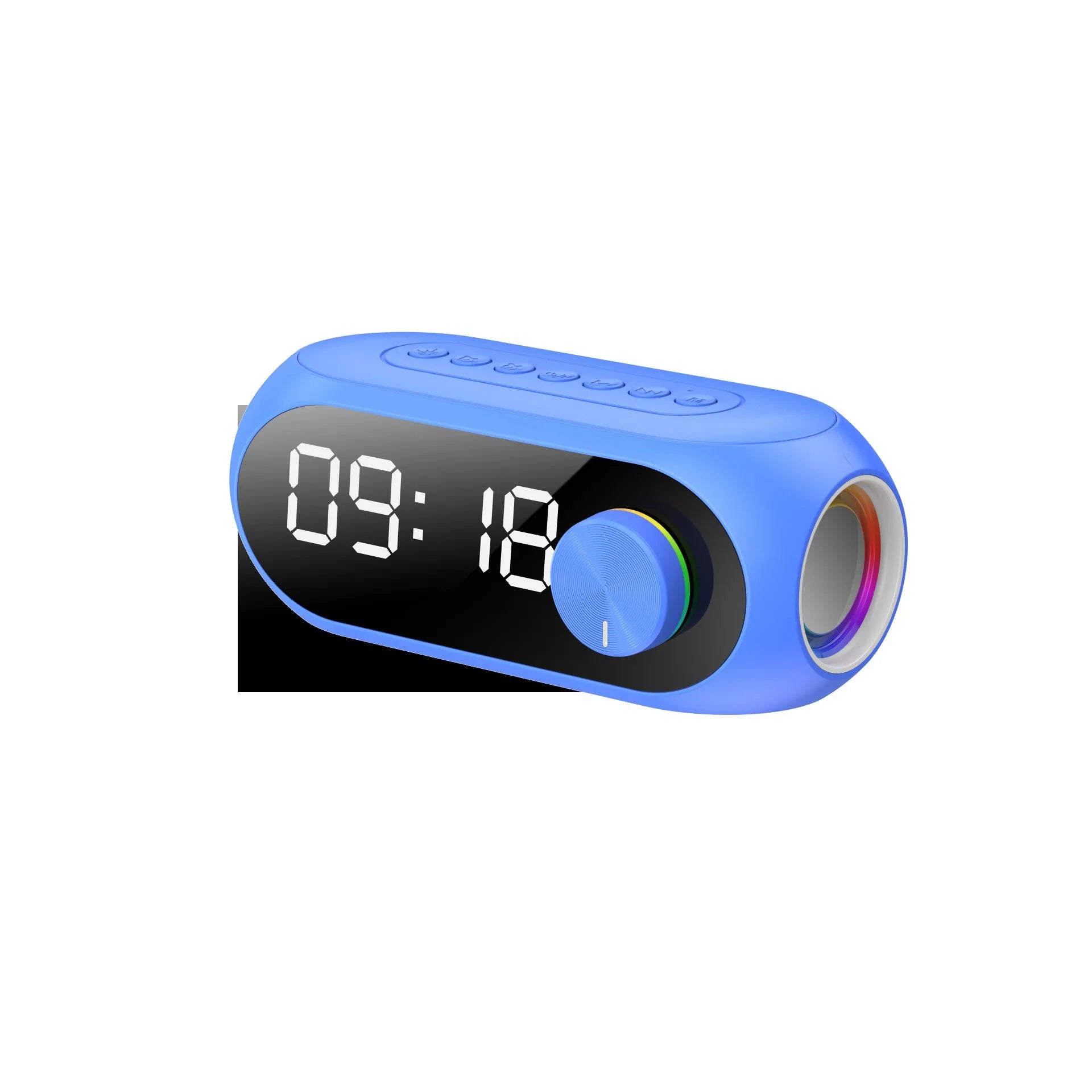 Extra bass portable mini clock in black, white, or blue colours with USB charging cable