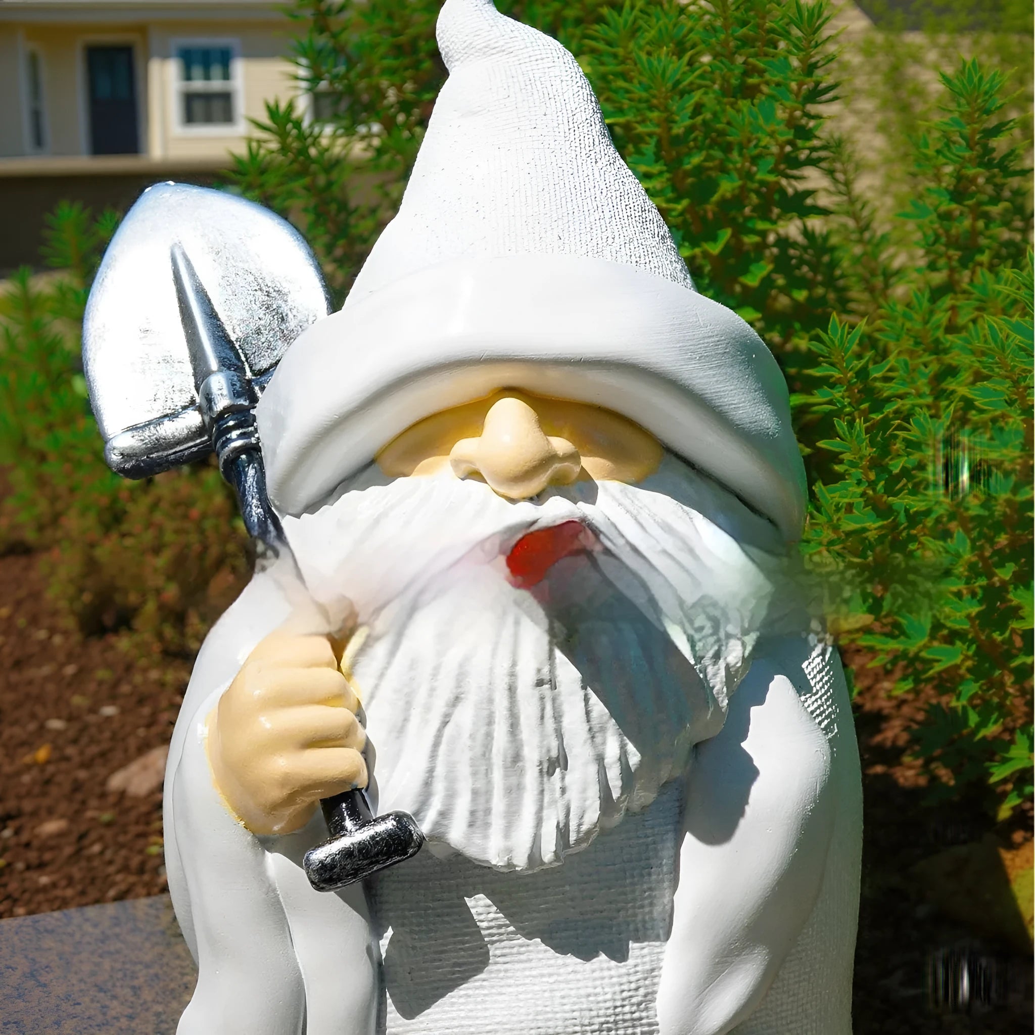 Resin smoking shovel dwarf Christmas garden ornament with detailed character design and pipe accessory