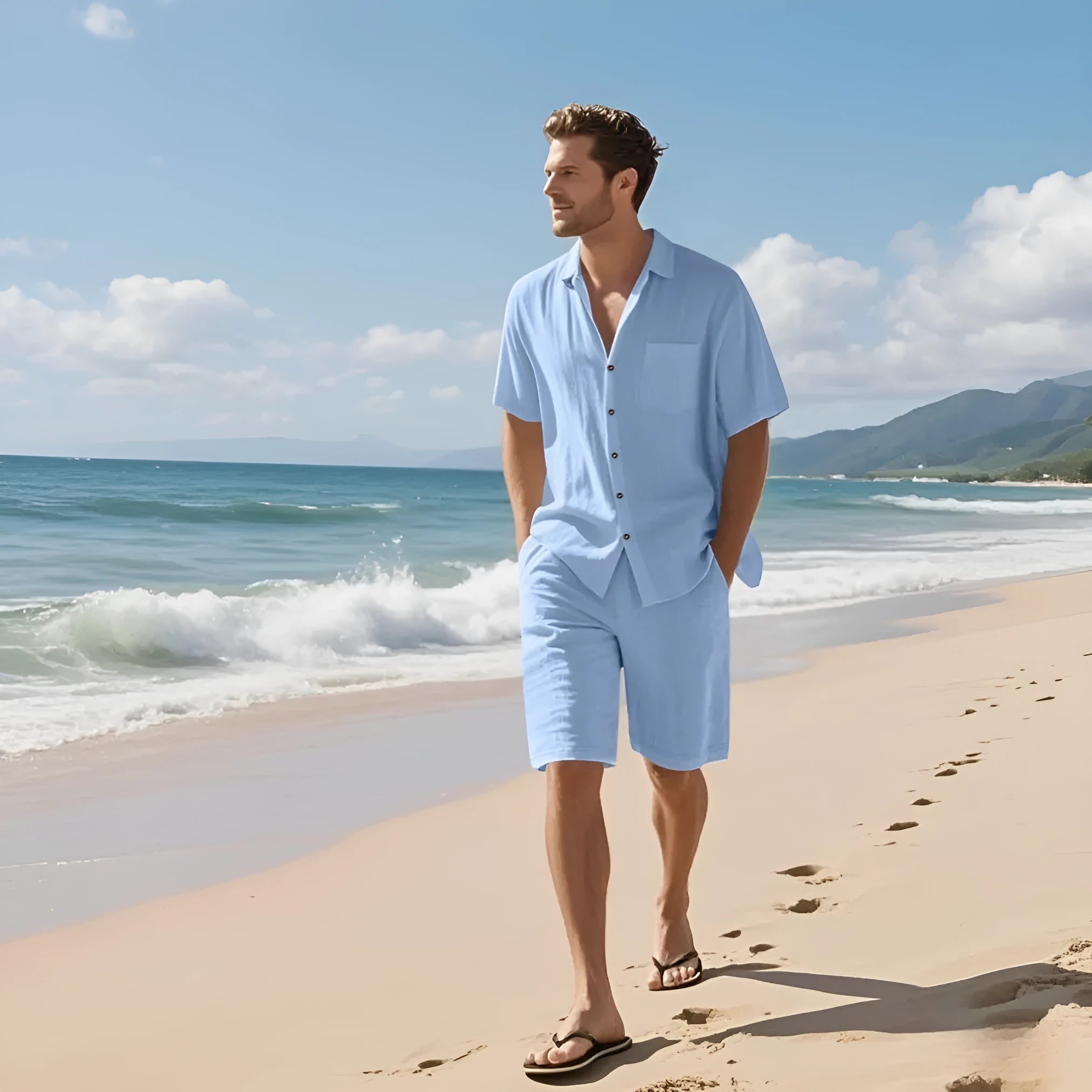 Linen blend short sleeve shirt and shorts leisure suit in Army Green colour