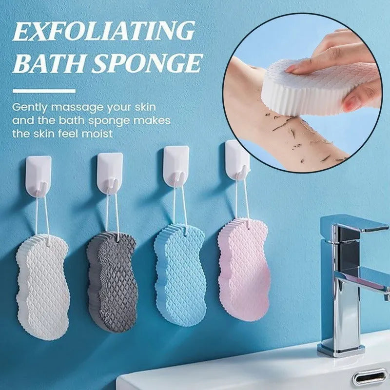 3D bath sponge ball with fish scale texture in white, grey, pink, and light blue colours