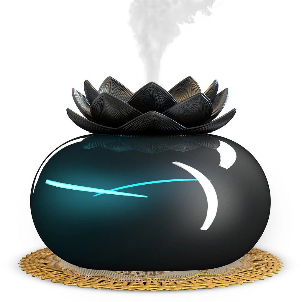 Pure black USB-powered aromatherapy humidifier with round design and ultrasonic mist output