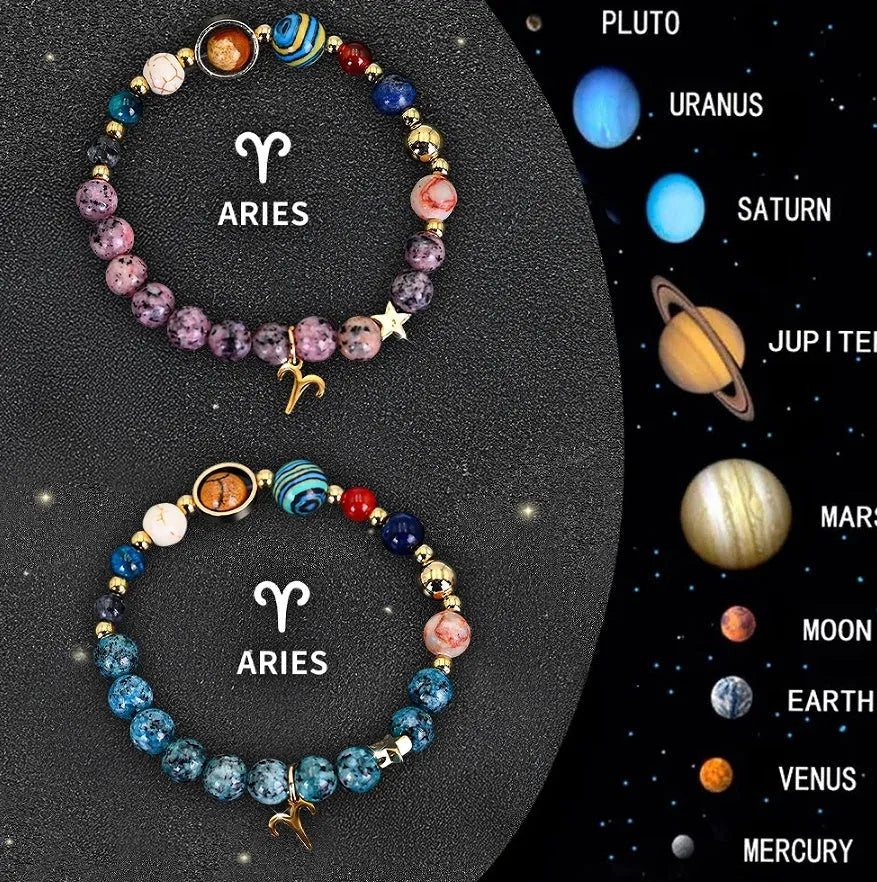 Set of two natural stone beaded bracelets with adjustable strings, showcasing zodiac constellation styles.