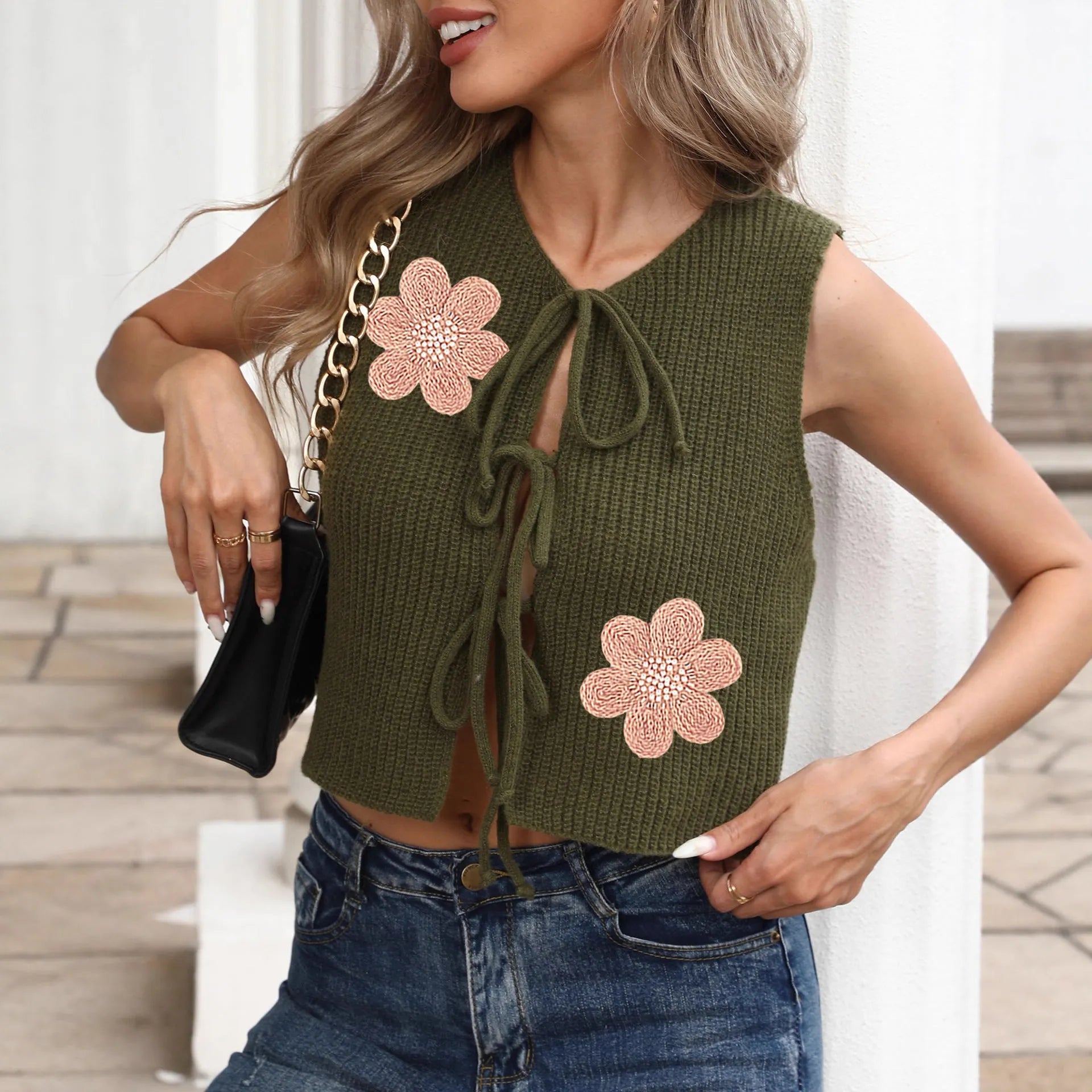 White ladies sleeveless cardigan vest with lace-up bow and apricot floral pattern