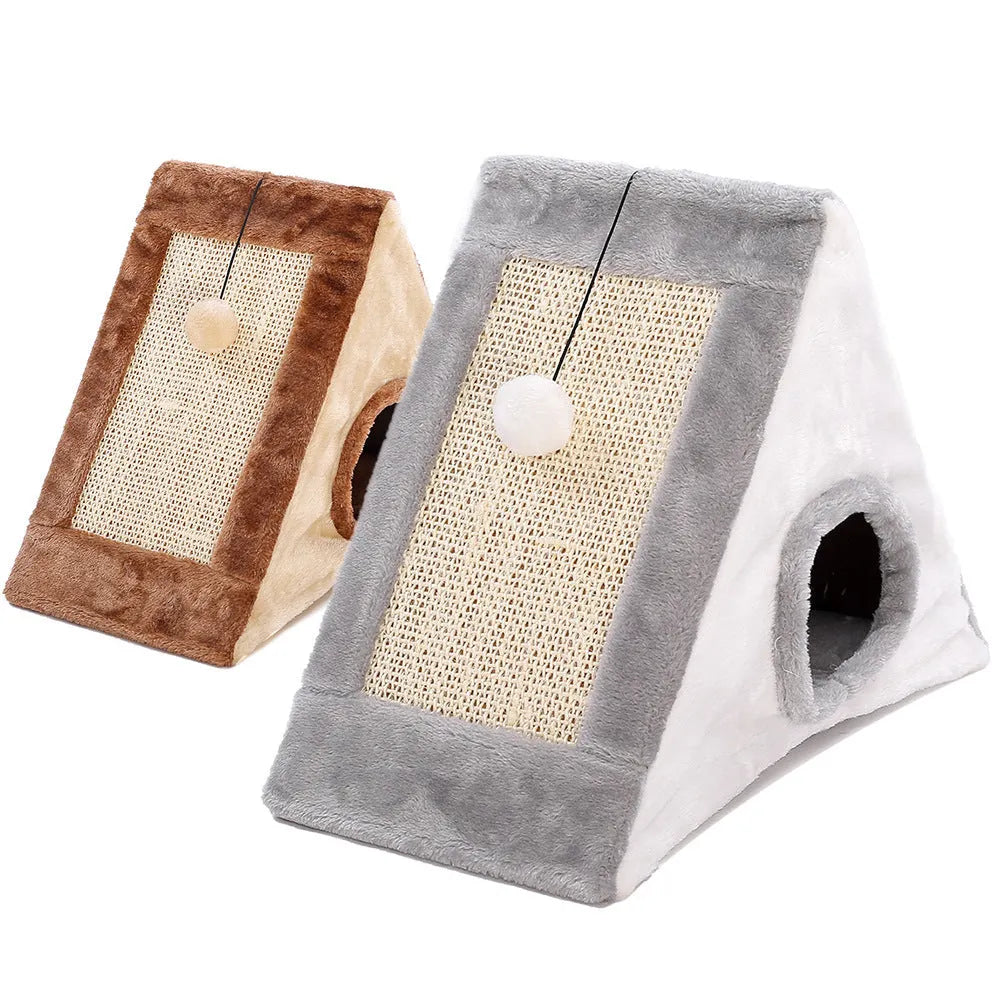 Grey and white triangle-shaped cat scratching post with an integrated fleece fabric bed.