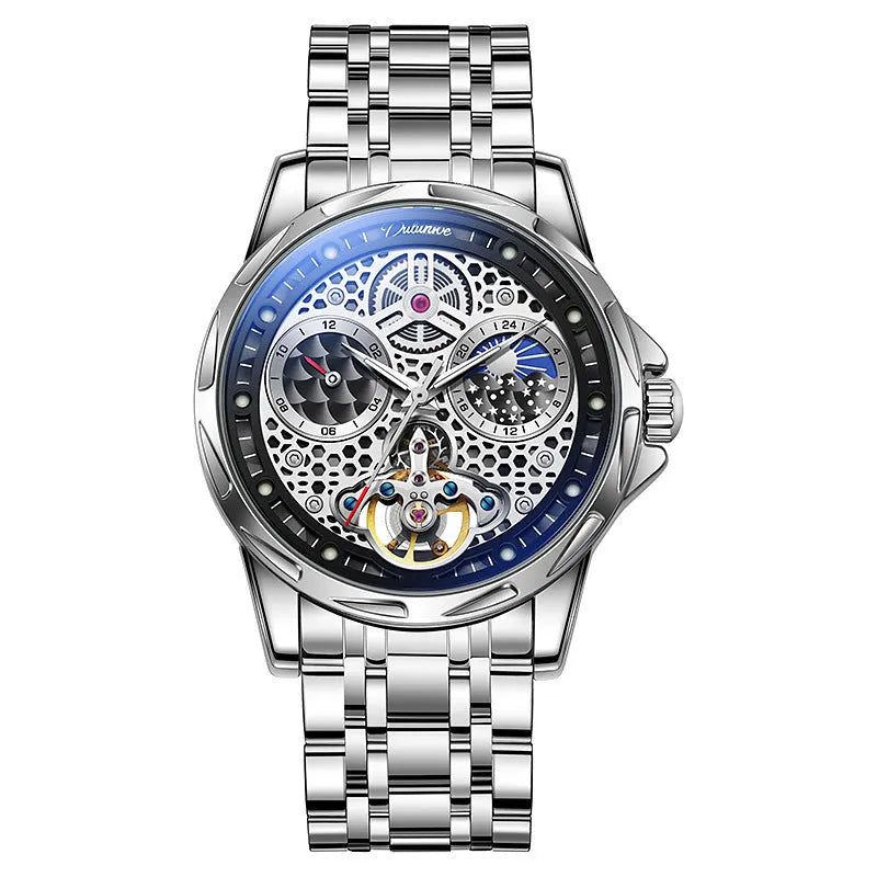 Men's automatic watch with luminous hands on a steel bracelet, black dial, and waterproof case.