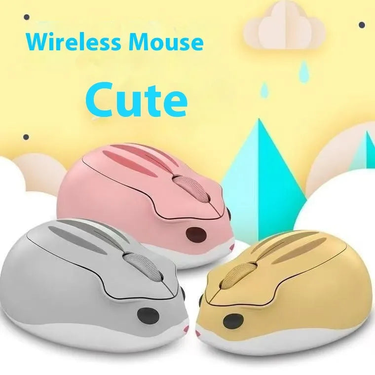 Hamster wireless Bluetooth mute mouse in yellow, pink, or grey colour, showing compact 105mm design