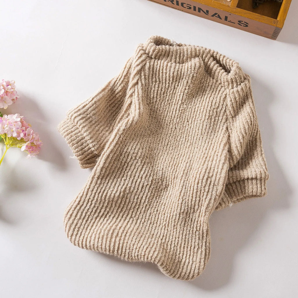 Brown cloth pullover sweater for small dog breeds on canine mannequin