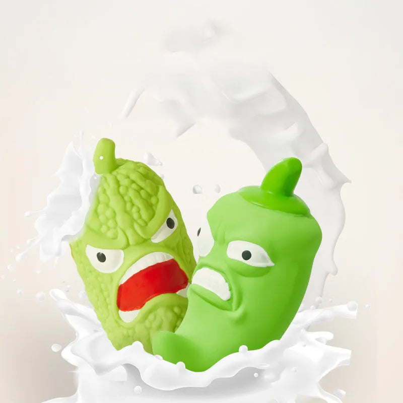 Bitter melon and chili shaped dog toy with textured teeth-cleaning surfaces and pet sound feature