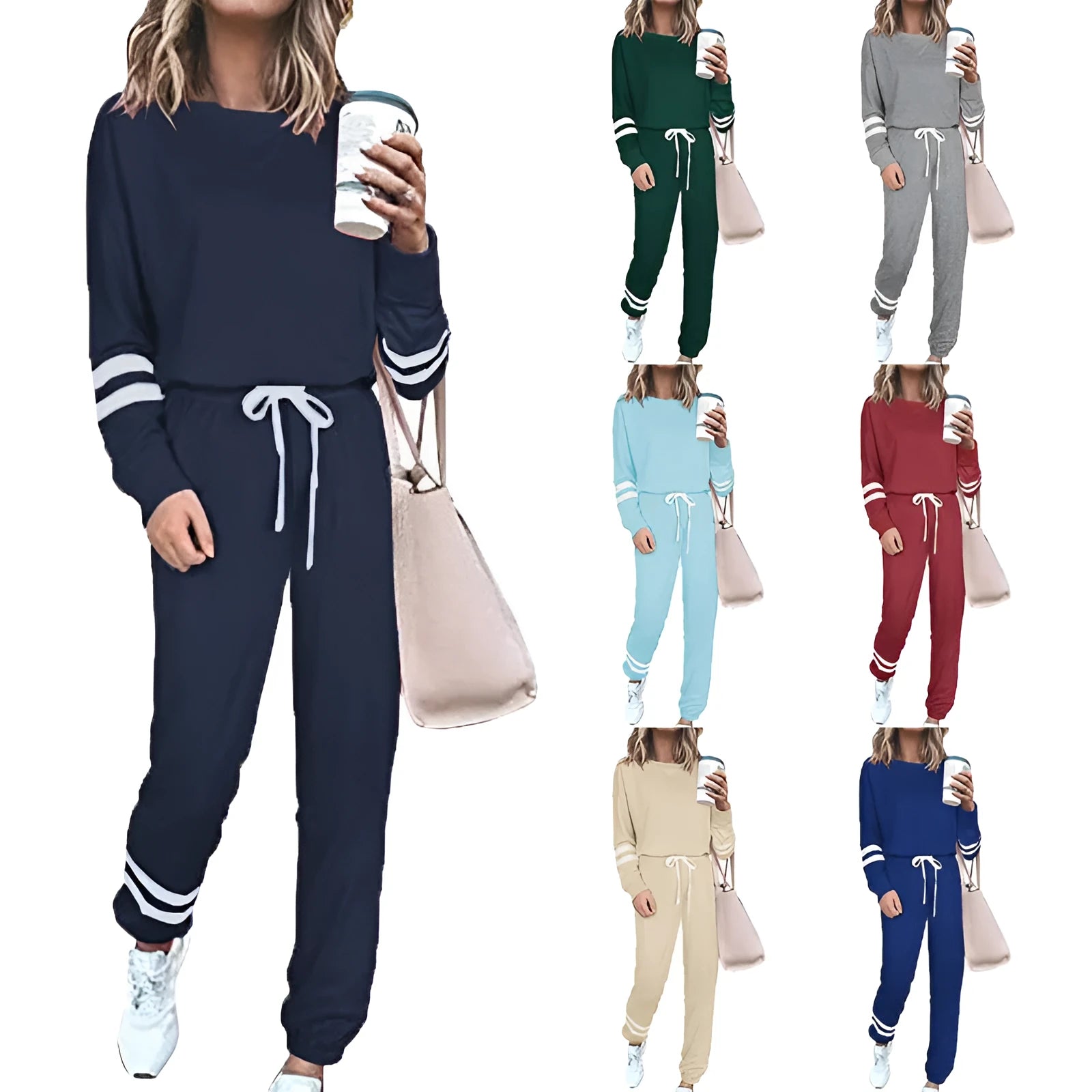 Women's loose fit solid color two-piece casual suit in apricot, black, and blue sizes S to 3XL