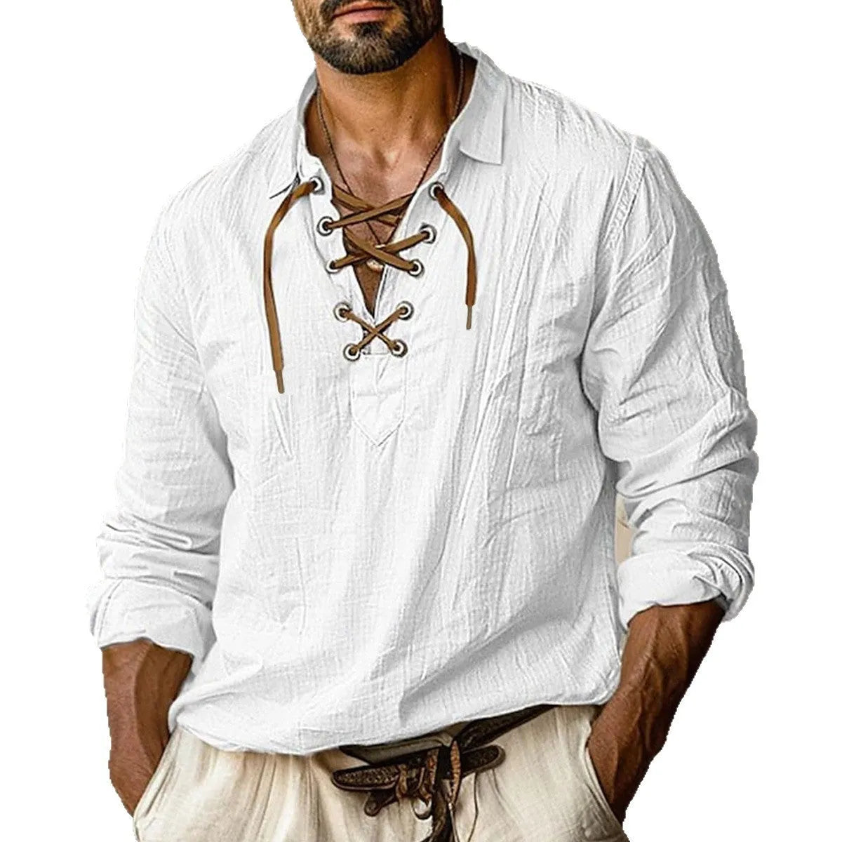Men's loose fit solid colour shirt with lapel collar and lace detailing on a linen-cotton blend fabric.
