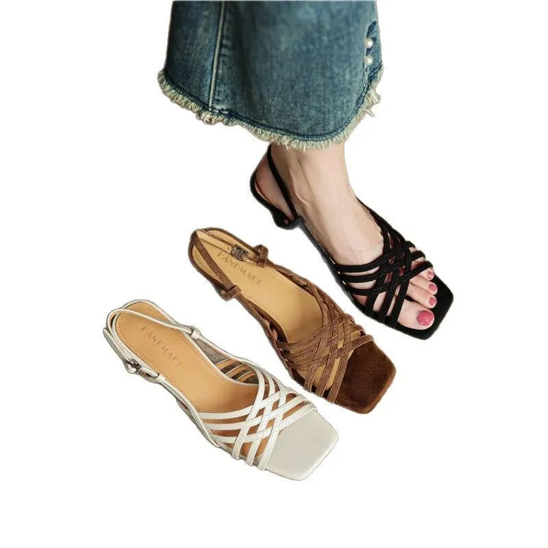 Retro artificial PU leather cross-strap high heel sandals with ankle buckle and square toe